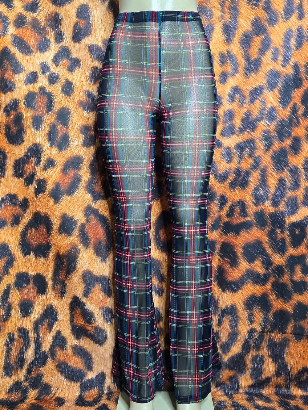 Plaid Sheer Mesh Flare Pants